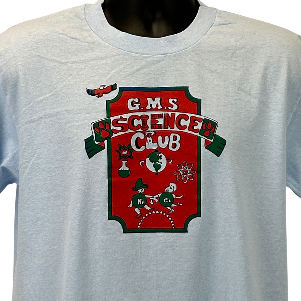 Vintage 90s GMS Science Club T Shirt Scientist School USA Made Blue Mens L Large